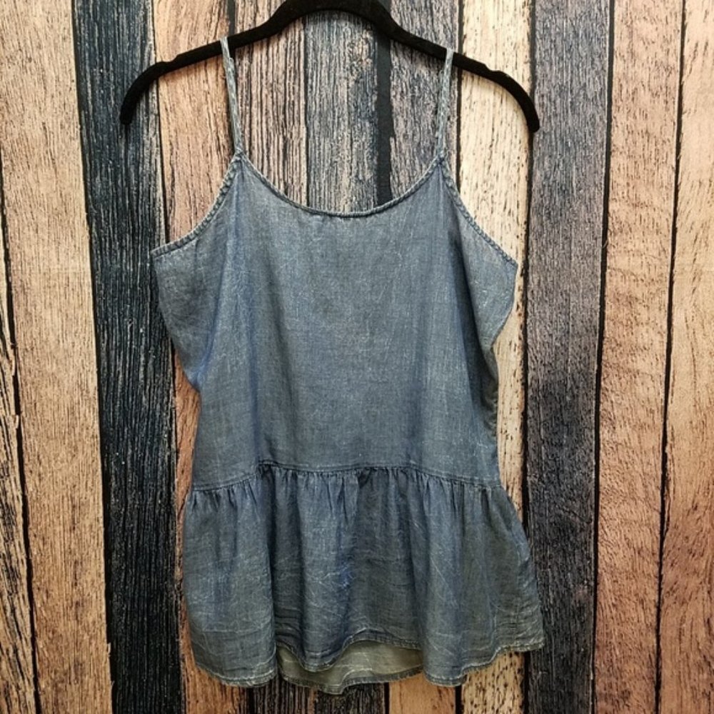 Chambray Spaghetti Strap Peplum Cut Top